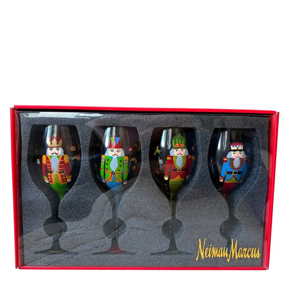 Neiman Marcus Hand Painted Nutcracker Wine Glasses 9in Set of 4 In Gift Box NEW